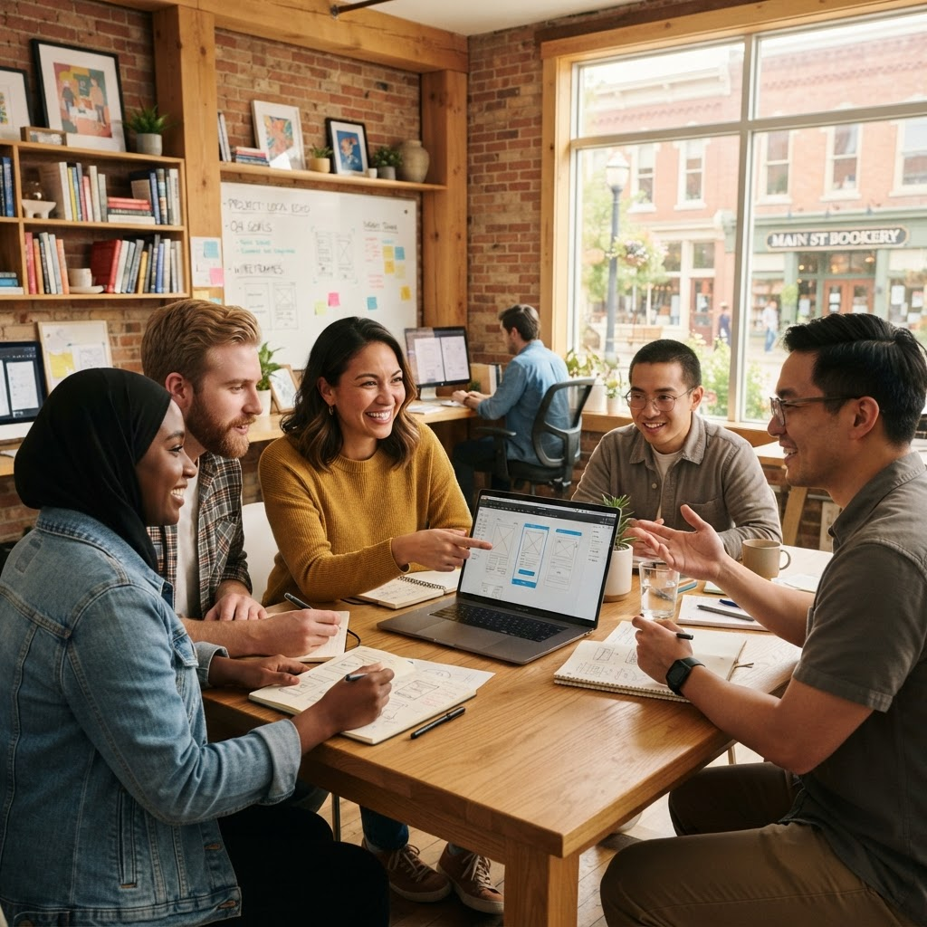 The Main Street Digital Works team collaborating on a website design