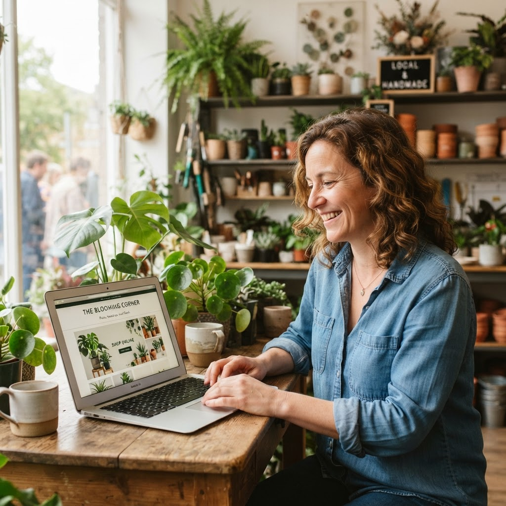 A local business owner smiling while looking at her new website on a laptop