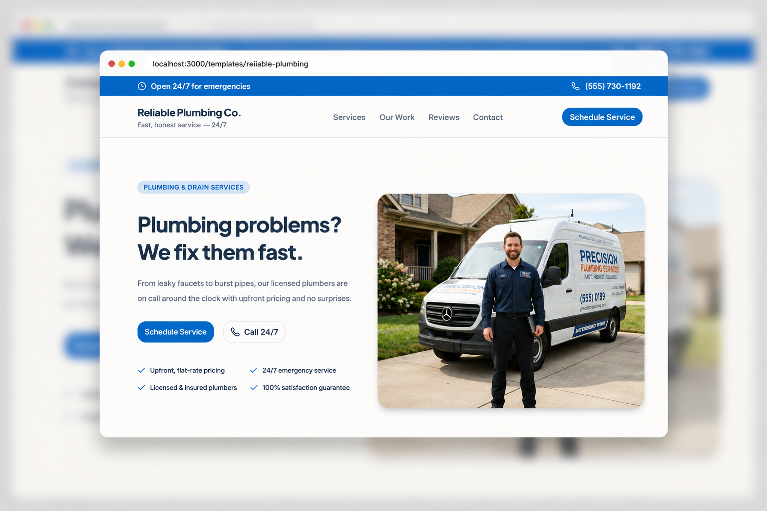 Reliable Plumbing website homepage