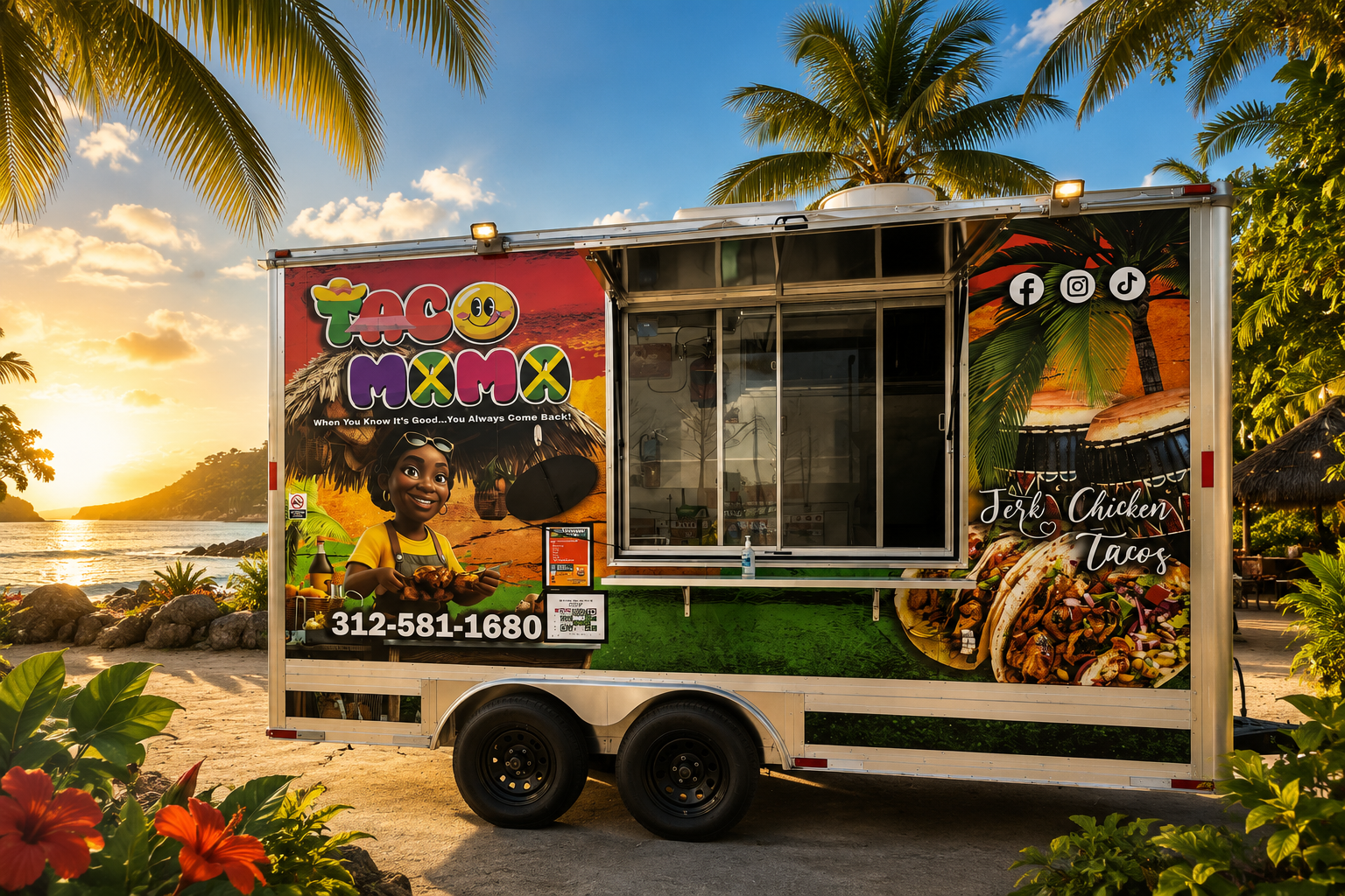 The colorful Taco Mama food truck parked on a sunny Texas street